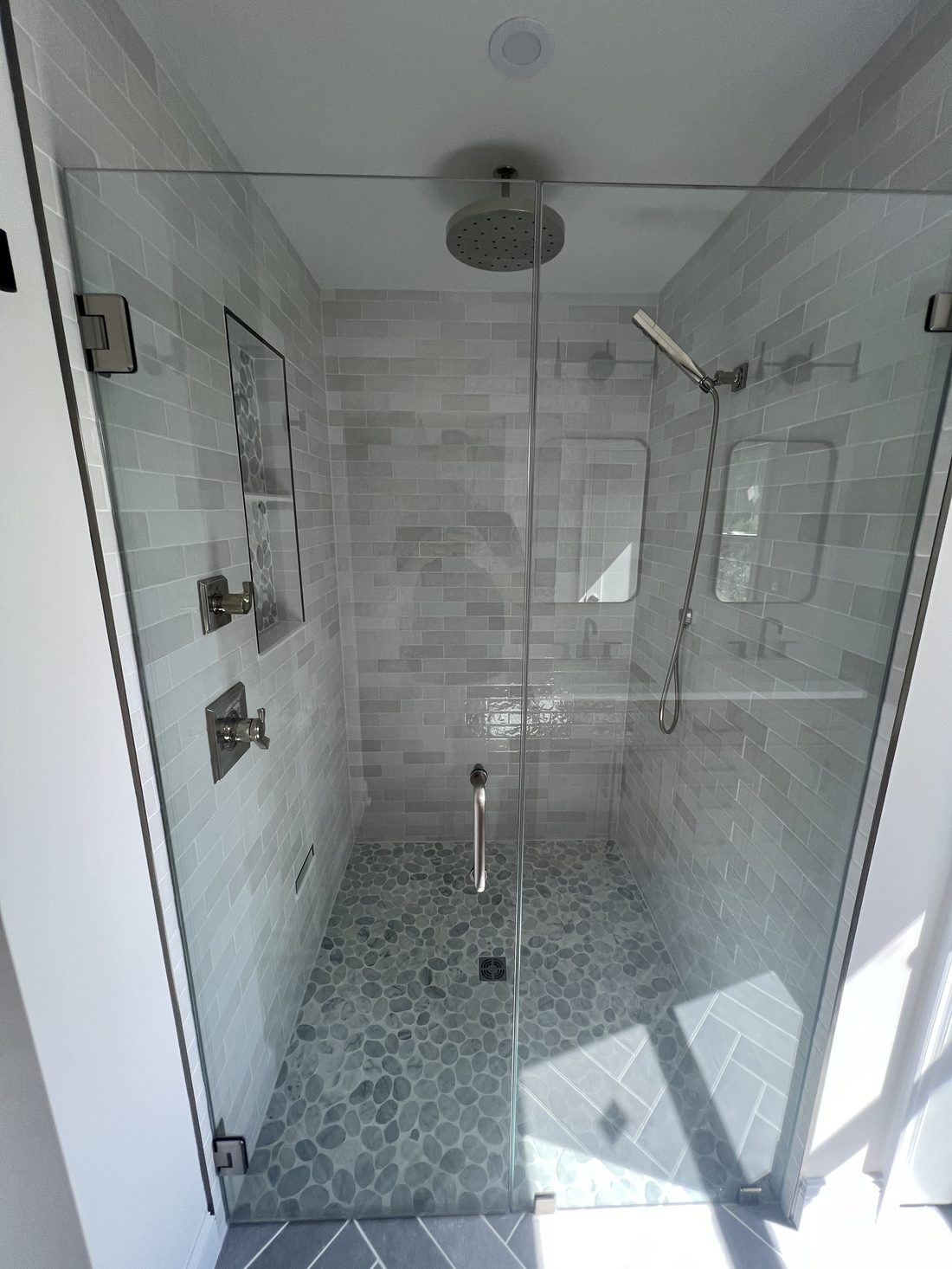 Herringbone tile walk-in shower bathroom remodel PA
